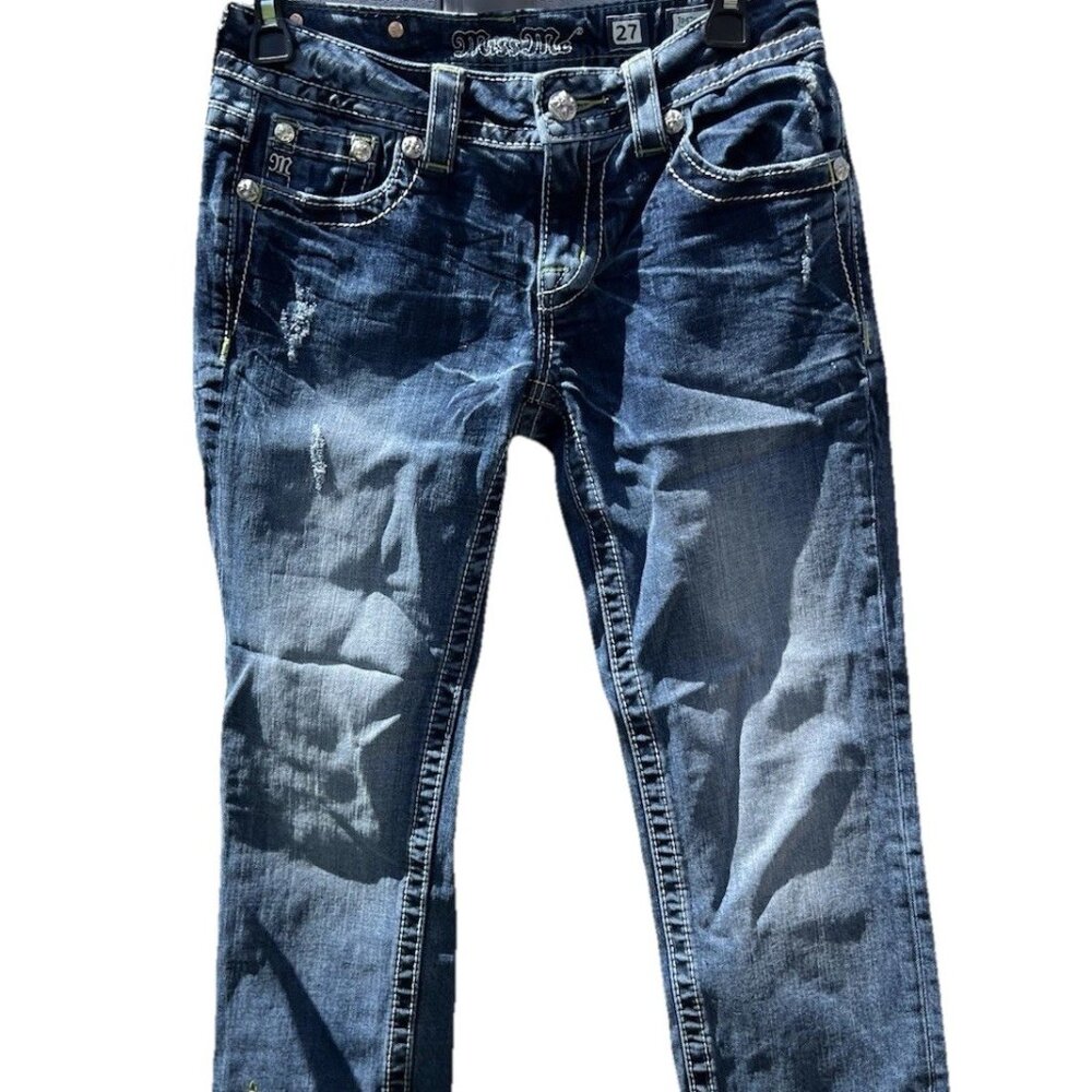 Miss Me Jeans Womens 27 Low Rise Signature Boot Cut Distress Beaded Embroidered